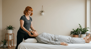 Séance de reiki : praticien avec les mains au-dessus de la tête du patient allongé, dans une ambiance calme et lumineuse