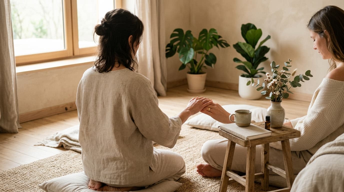 Bureau lumineux avec carnet ouvert et tasse de tisane, illustrant la réflexion sur l'altruisme