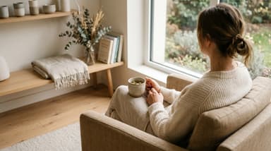 Studio de bien-être lumineux avec coussin de méditation et plante verte, symboles de gestion de l'anxiété