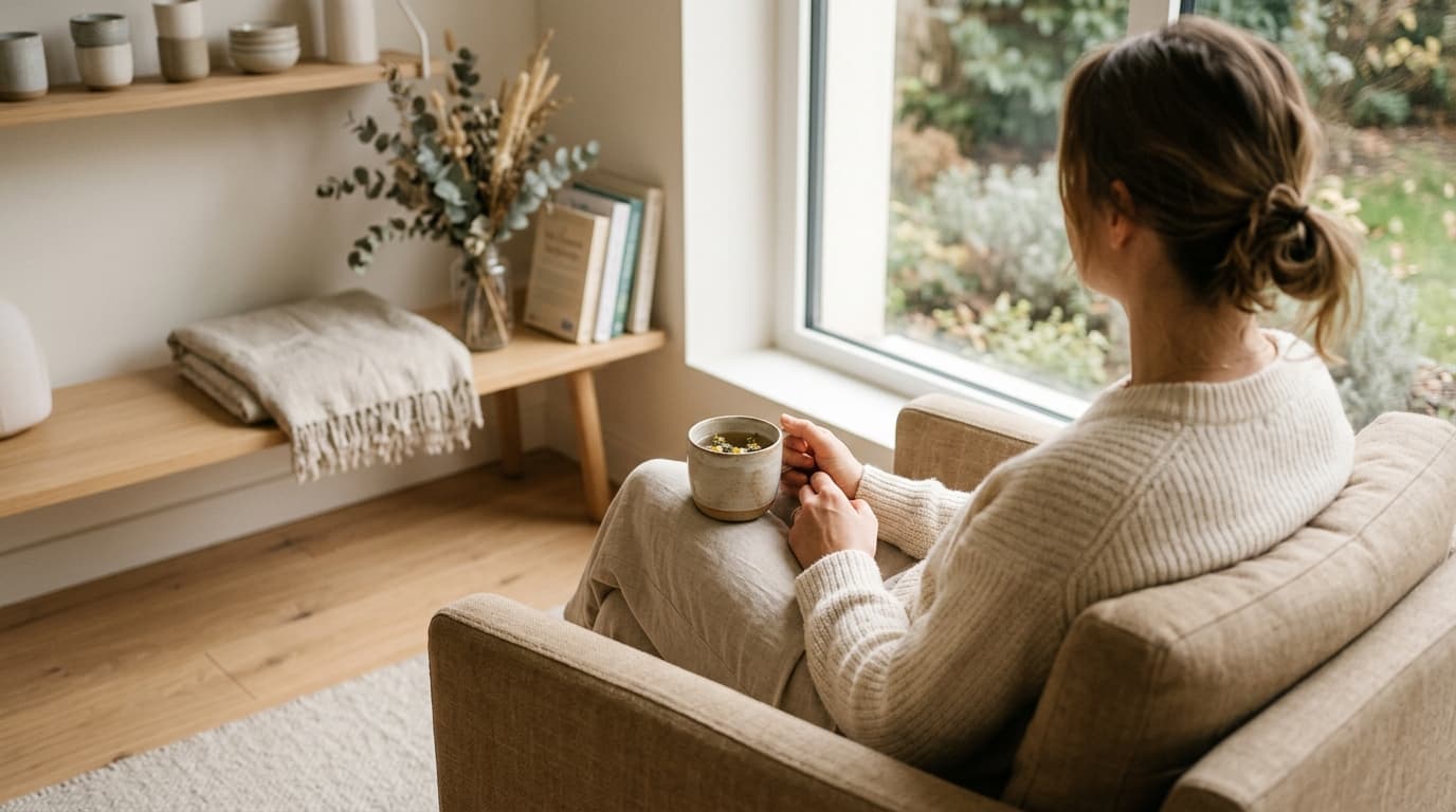 Studio de bien-être lumineux avec coussin de méditation et plante verte, symboles de gestion de l'anxiété