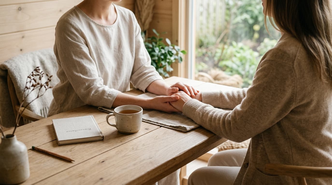 Intérieur apaisant avec carnet ouvert et tisane, symbole de bienveillance envers soi et autocompassion