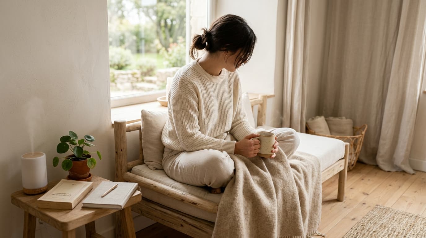 Pièce calme et lumineuse avec fauteuil et plante verte, ambiance apaisante pour gérer les crises d'angoisse
