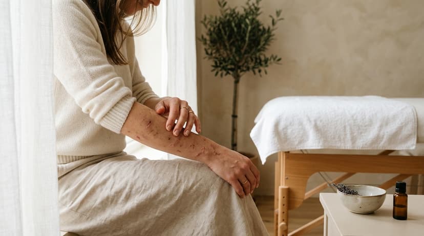 Bureau sobre avec carnet fermé et lumière douce, évoquant la dermatillomanie sans montrer de lésions