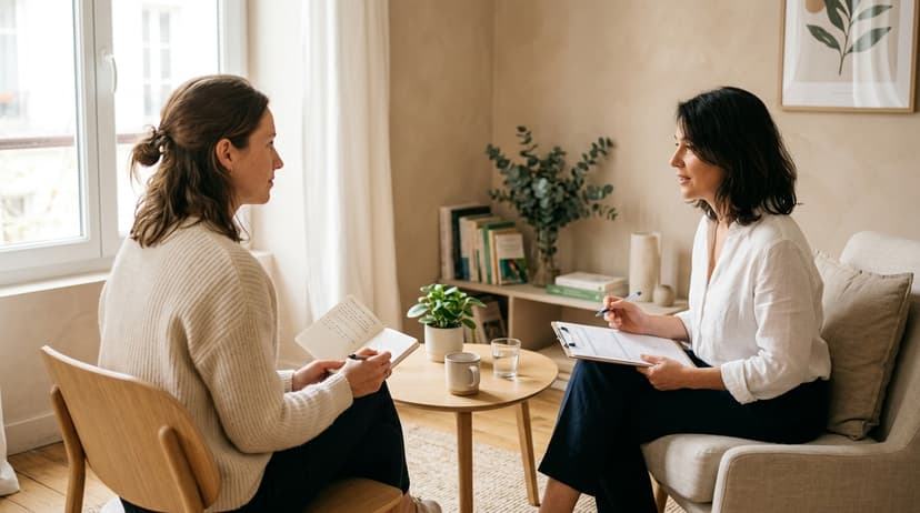 Cabinet de consultation calme avec deux fauteuils, illustrant la différence entre psychologue et psychiatre