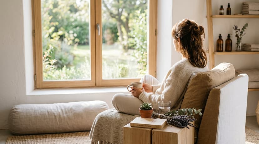 Studio bien-être lumineux avec tapis de yoga, plantes et lumière naturelle illustrant la libération d'endorphines