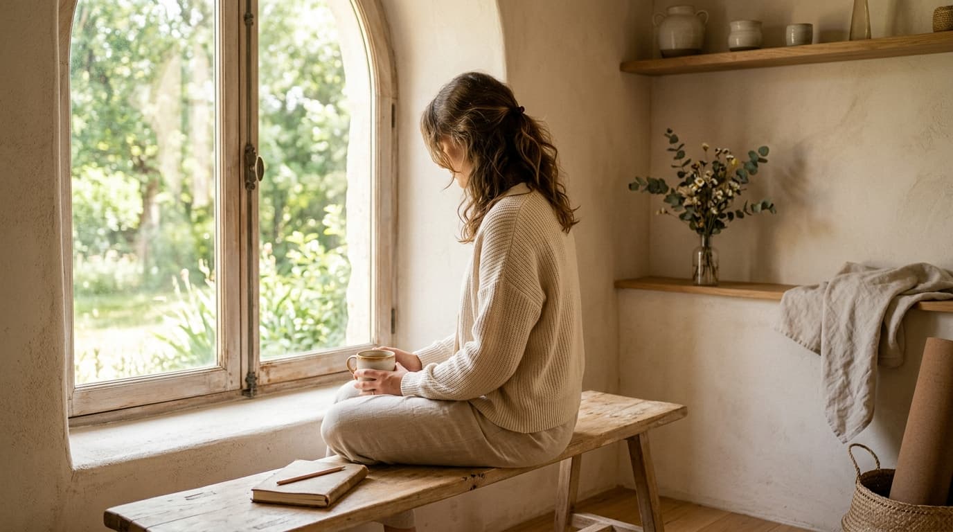 Bureau calme avec carnet et tasse de céramique, lumière naturelle douce, symbolisant l'estime de soi et l'introspection