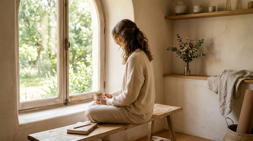 Bureau calme avec carnet et tasse de céramique, lumière naturelle douce, symbolisant l'estime de soi et l'introspection