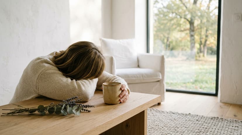 Chambre au lever du jour avec lit défait et lumière grise, illustrant l'épuisement matinal lié à la fatigue chronique