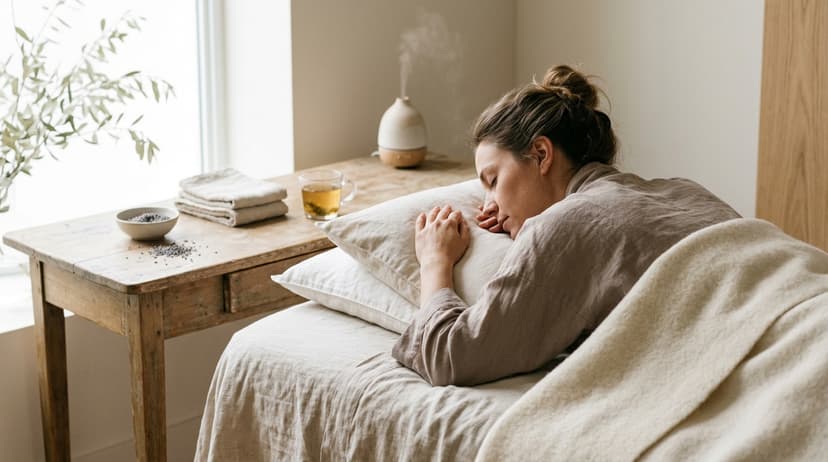 Espace bien-être lumineux avec tasse de thé, tapis de yoga et plante verte pour illustrer la gestion de la fatigue intense