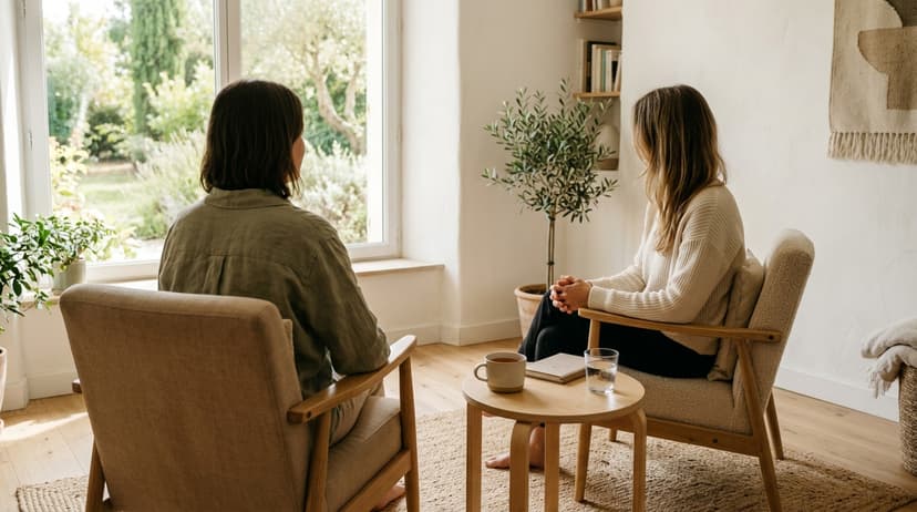 Deux fauteuils face à face dans un salon calme, symbole de dialogue et de rencontre en gestalt thérapie