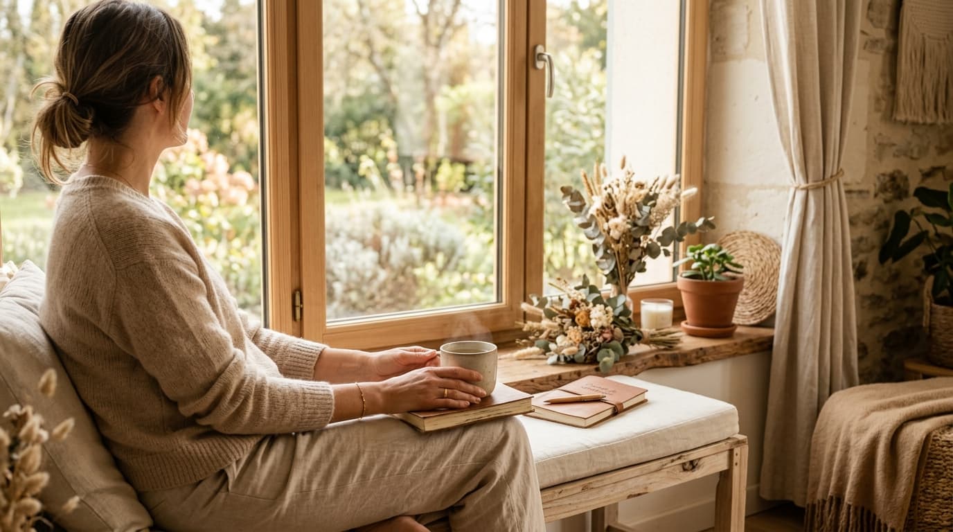 Bureau lumineux avec carnet ouvert et fleurs séchées pour pratiquer la gratitude au quotidien