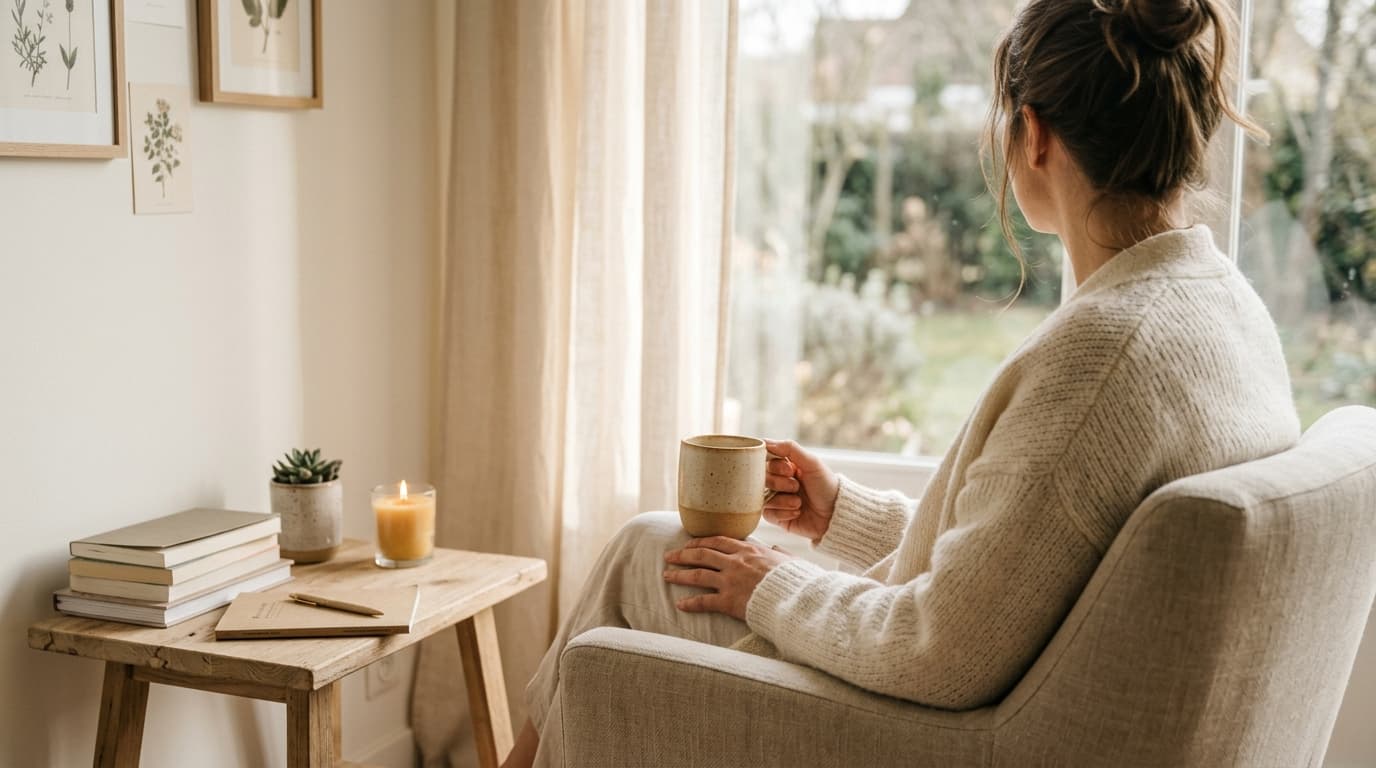 Espace de travail calme avec carnet et tisane, illustrant le quotidien d'une personne hypersensible