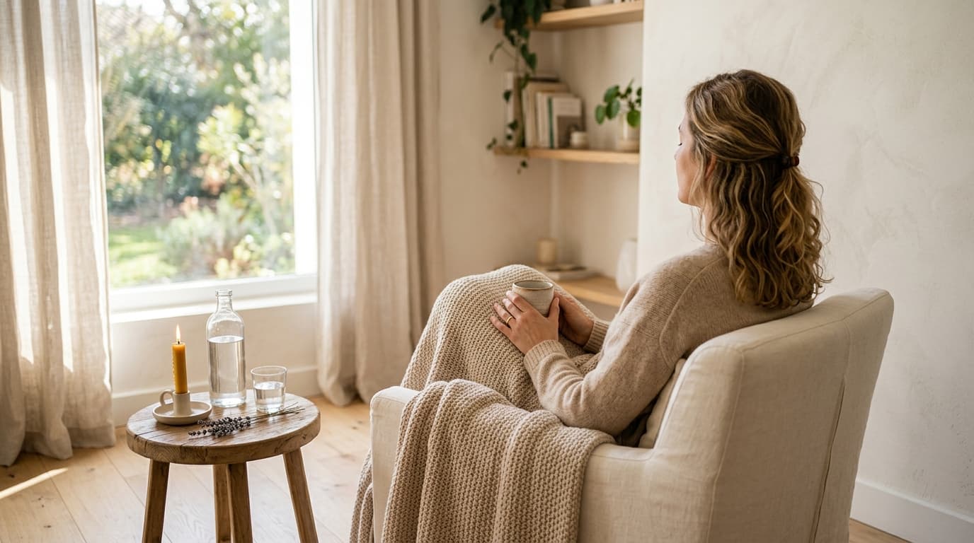 Séance d'hypnose pour maigrir : fauteuil de consultation calme, lumière naturelle douce et plante verte