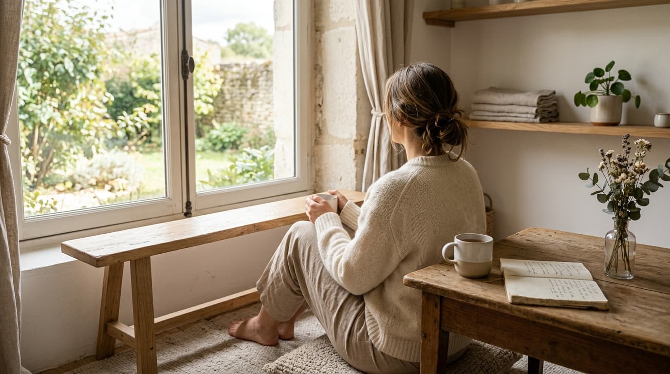 Bureau calme avec miroir détourné et carnet fermé, évoquant l'introspection face au comportement hypocrite