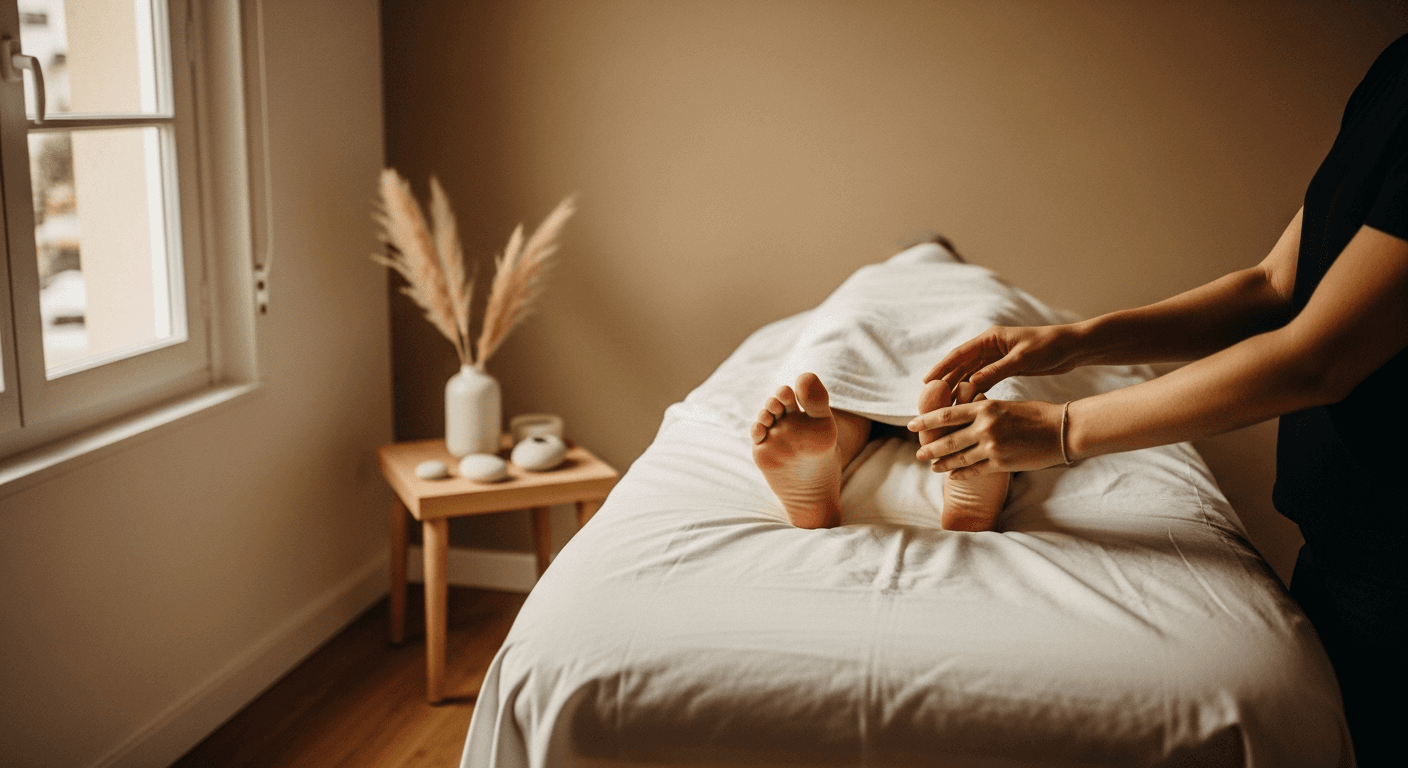 Séance de kinésiologie : praticien effectuant un test musculaire sur le bras d'un patient allongé