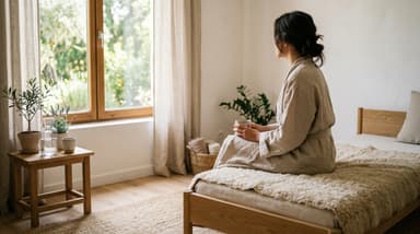 Femme assise en pleine nature, les yeux fermés et les mains ouvertes, pratiquant le lâcher prise en pleine conscience