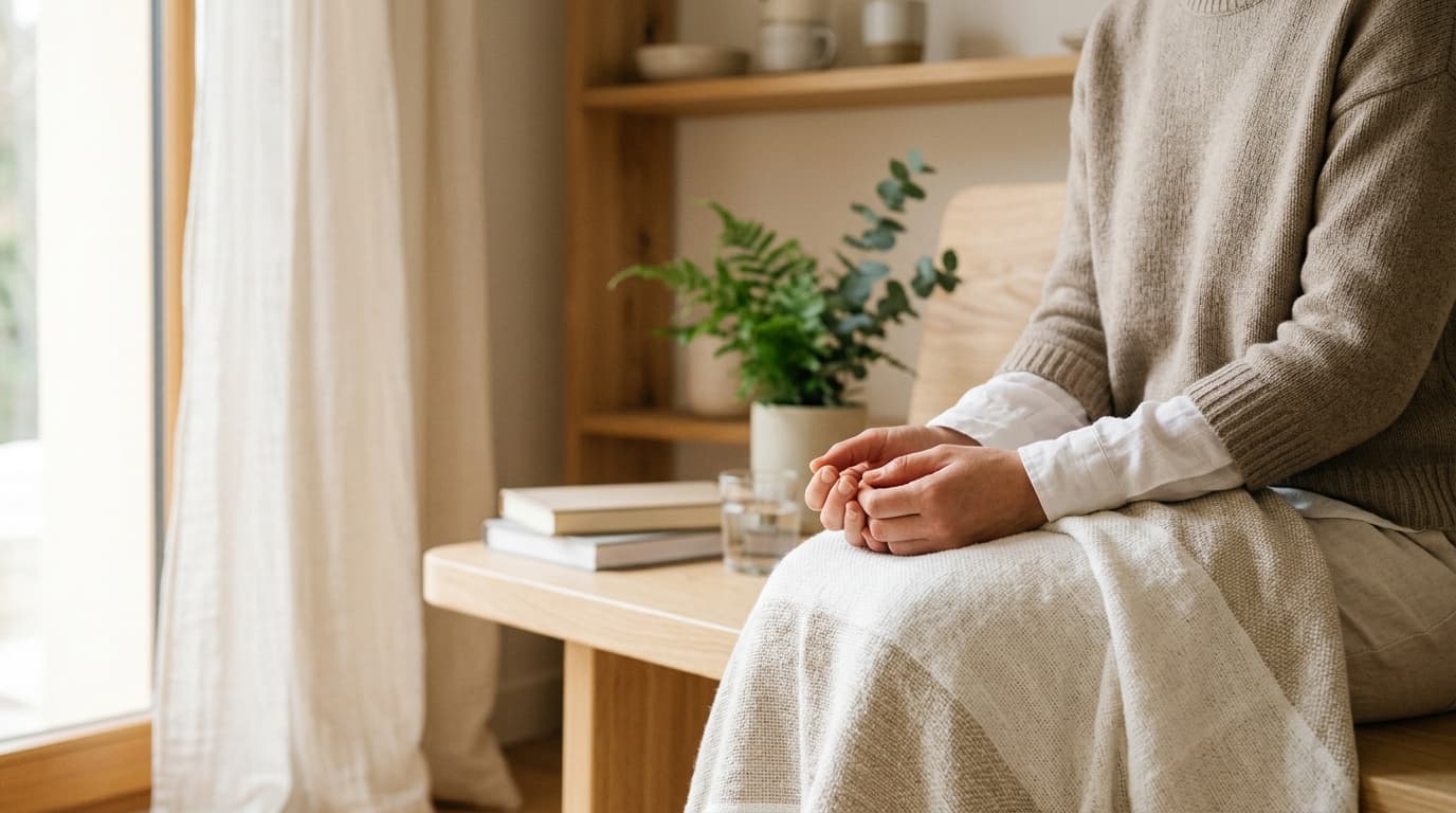 Espace calme avec lumière naturelle douce, carnet et tisane sur bureau en bois, symbolisant la réflexion sur le pervers narcissique