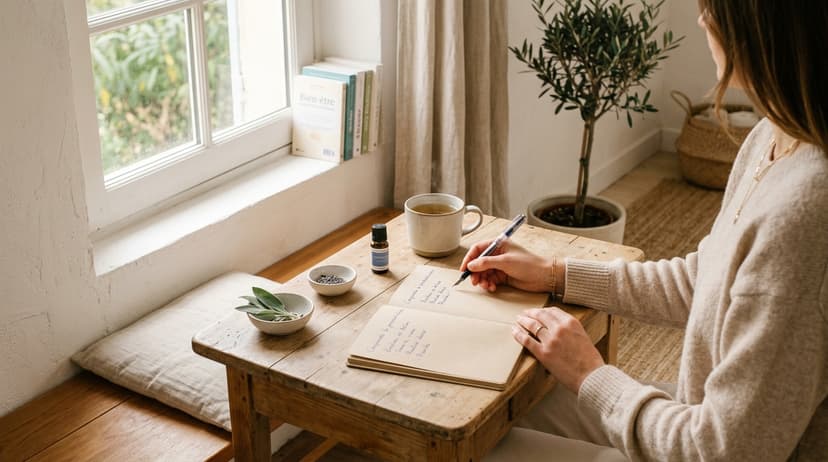 Bureau calme avec carnet ouvert et tisane, illustrant la lutte contre la procrastination au quotidien