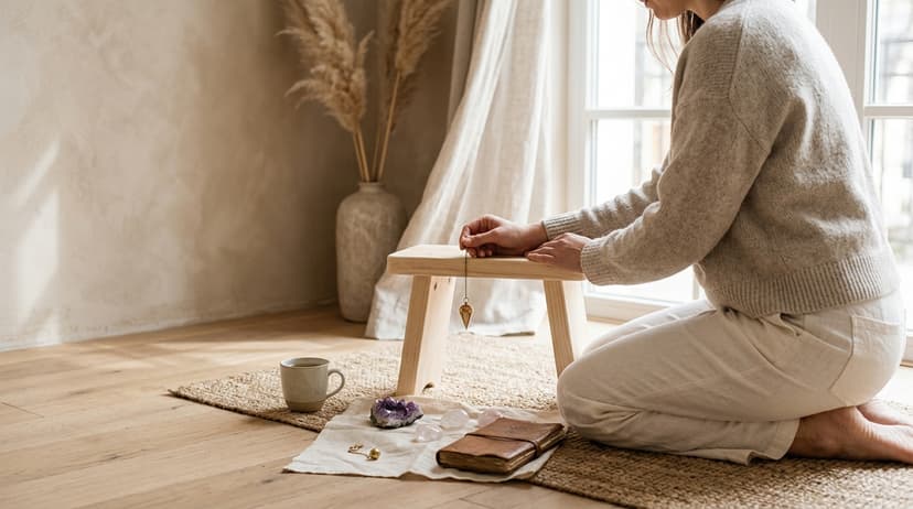 Cristal d'améthyste et bougie allumée sur un autel de méditation pour retrouver un objet perdu par la voyance