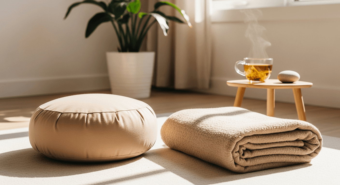 Femme en séance de sophrologie, assise les yeux fermés dans une posture de relaxation et de respiration consciente