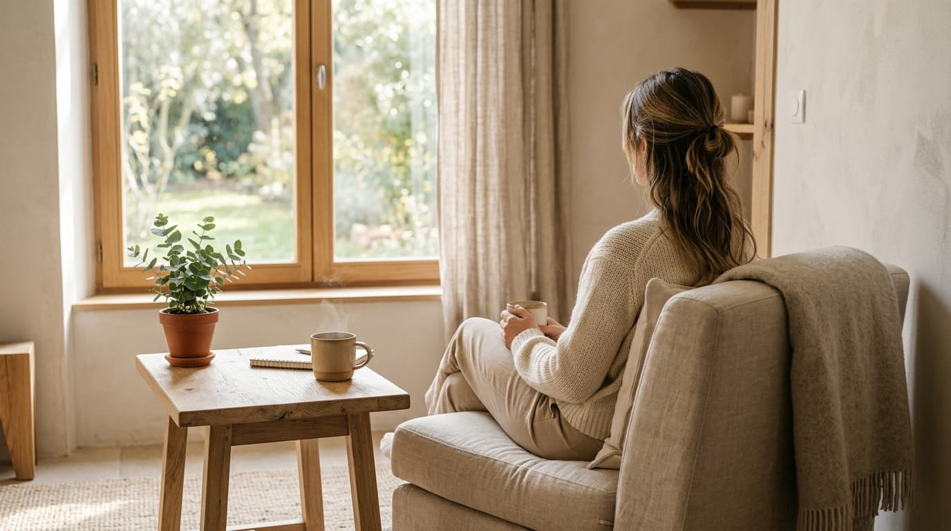 Fauteuil solitaire dans un salon calme et vide, lumière douce évoquant l'isolement du stress post-traumatique