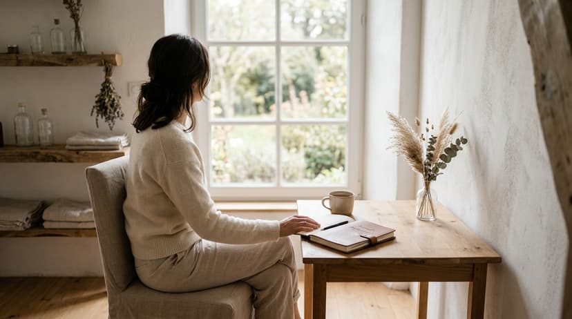 Journal ouvert sur un bureau en bois avec lumière naturelle, illustrant l'introspection liée au syndrome du sauveur