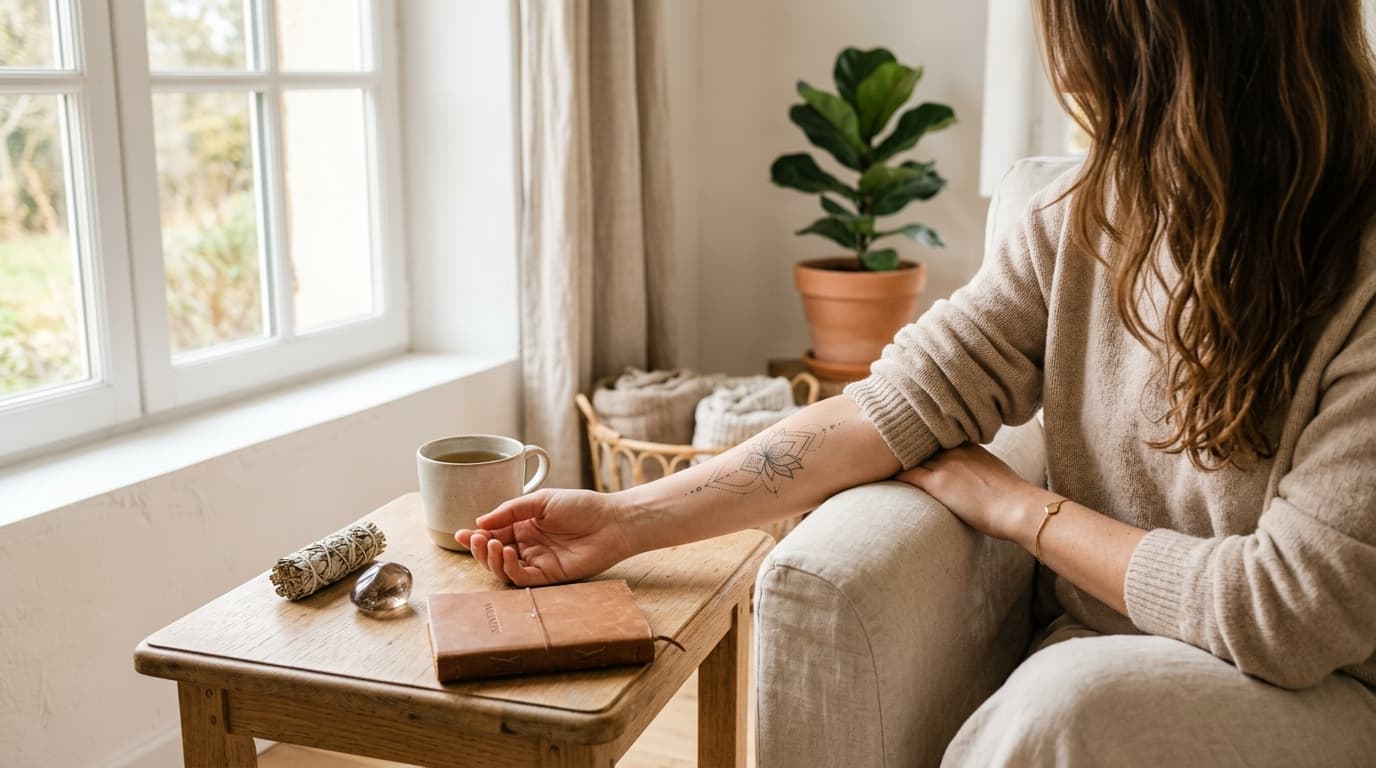 Journal ouvert avec symboles spirituels, cristaux et pétales de lotus pour préparer un tatouage énergie spirituelle
