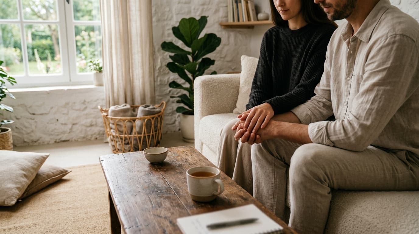Deux fauteuils face à face dans un salon calme, symbole du dialogue en thérapie de couple